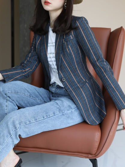 Women's elegant striped blazer with long sleeves and single button closure, made of 97% polyester and 2.7% spandex. Features a regular fit, X-contour design, and woven fabric weighing