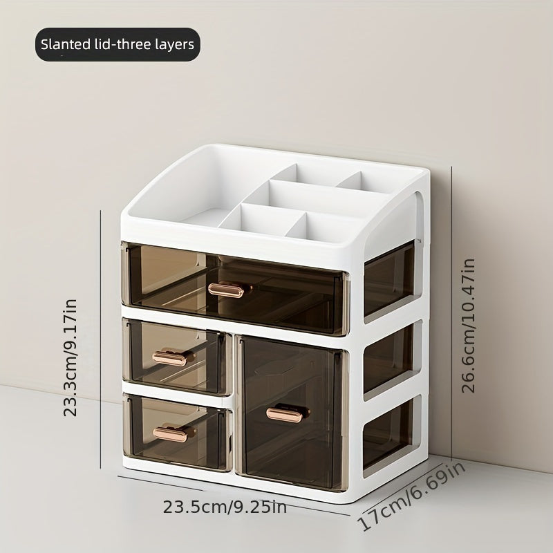 Large capacity plastic cosmetic organizer with drawers for skincare, makeup, and various essentials. Suitable for bathroom, bedroom, or kitchen storage.