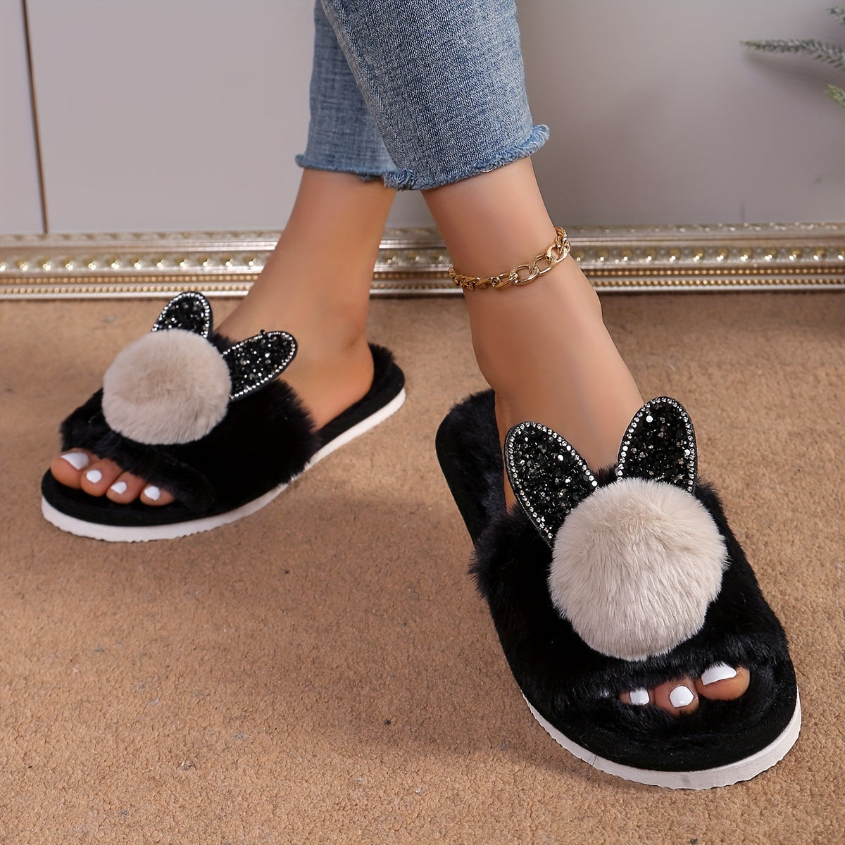 Women's Bunny Ears Glitter Slippers - All-Season Indoor House Shoes with Plush Furry Lining, EVA Sole, Soft Fabric Upper for Cozy Comfort