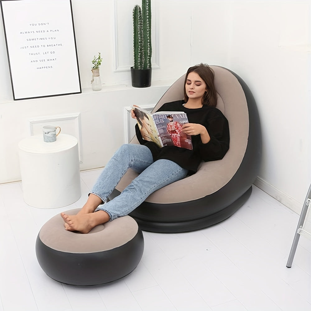 Inflatable Lounge Chair with Footrest, Vinyl Material, Suitable for Indoor/Outdoor Use, Easy to Inflate, Machine Washable, No Electricity Required, Perfect for Various Settings such as Living Room, Bedroom, Office, Balcony, Travel, Camping, and Picnics.