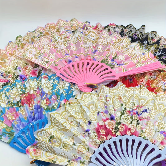 Beautiful Floral Fan Collection - Set of 12/6 Portable Folding Fans made with Linen Fabric & Plastic, adorned with Golden Glitter details and featuring a variety of Patterns