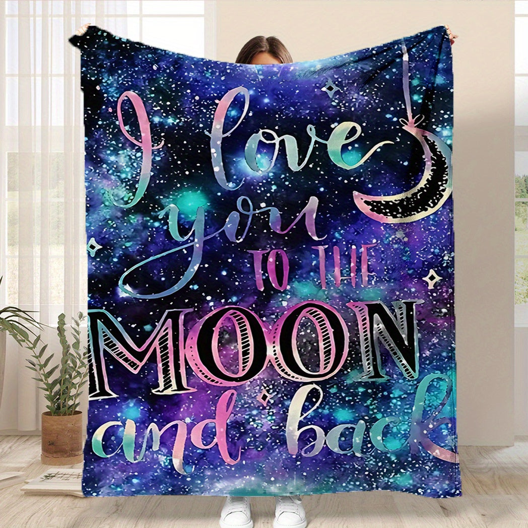 HKStorage Flannel Blanket - 1 piece, featuring a contemporary print of "I Love You to The Moon and Back." Made from soft all-season knit fabric with 100% polyester material and 250-300gsm. Hand wash only. Versatile for use on sofa, office, travel, and