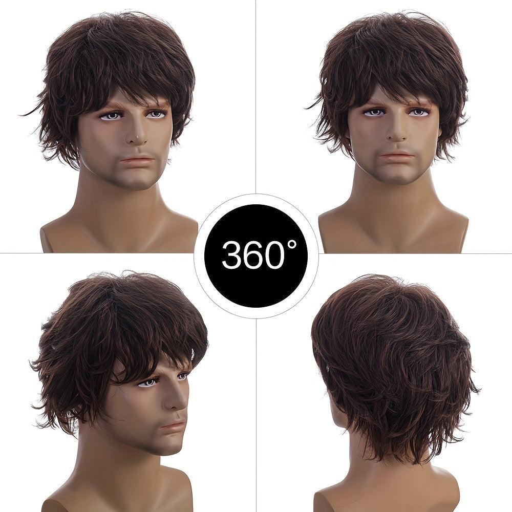 Fashionable men's wig with short curly hair and natural oblique bangs.