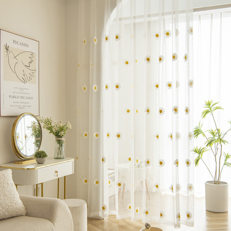 Yellow Daisy Pattern Tulle Curtain Sheer Panel with Embroidered Country Flowers Design, Grommet Top Window Treatment for Kitchen, Restaurant, or Home Decor