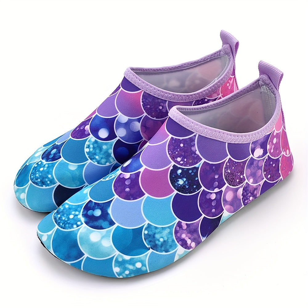 Colorful fish scale print slip-on water shoes for toddler girls, perfect for summer fun at the beach.