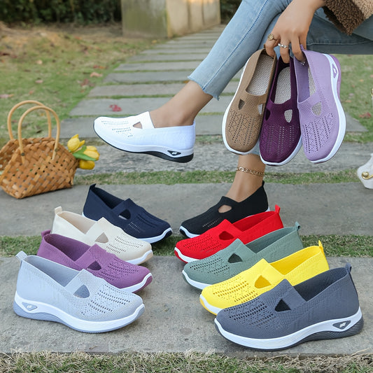 Women's Fashion Knit Mesh Casual Sneakers, lightweight slip-on walking shoes with PVC sole, for all-season comfort, made in Taizhou for North America & European markets.