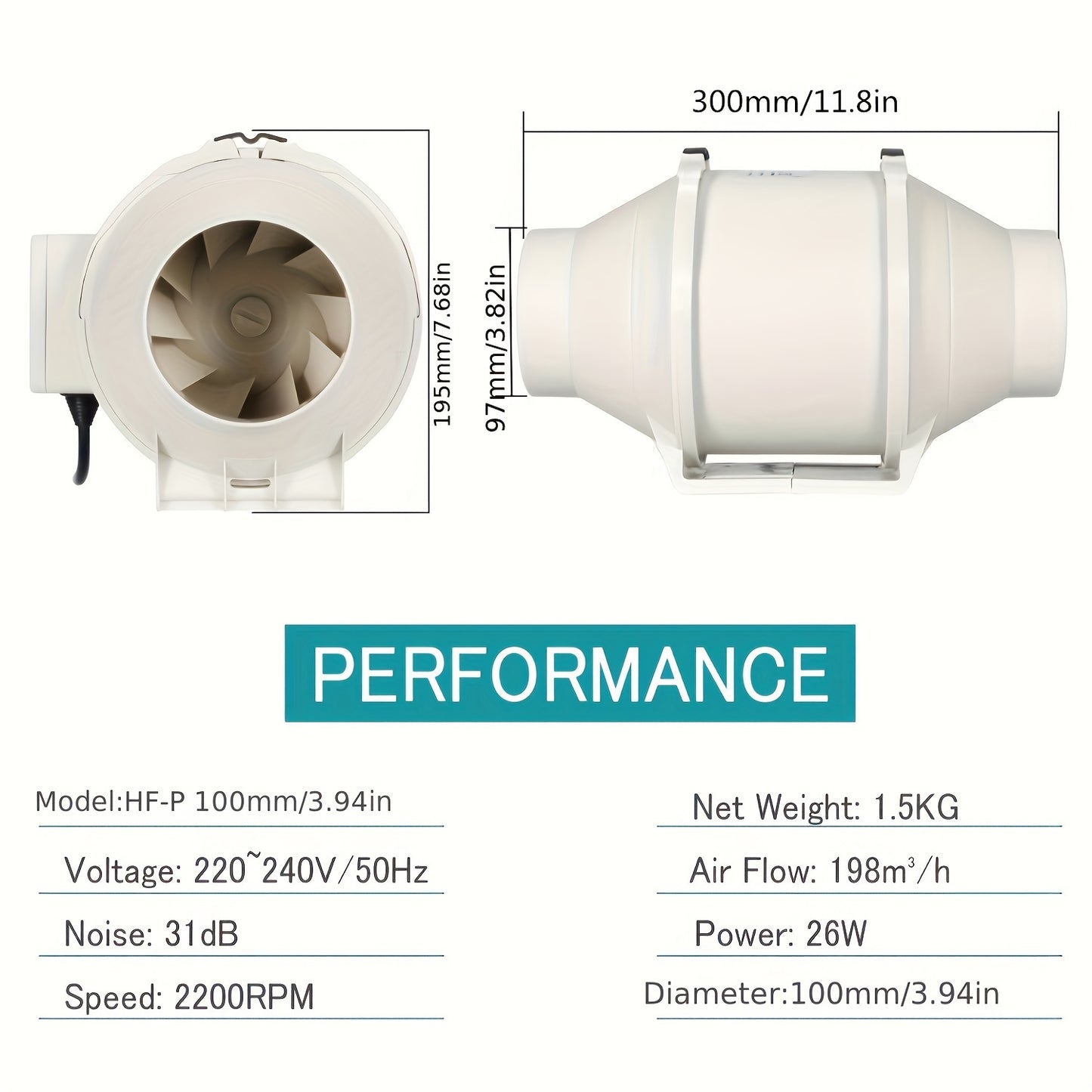 High-Speed 10.16cm Inline Duct Fan with Mixed Flow - Quiet, powerful ventilation for heating & cooling, perfect for grow tents & hydroponics, easy installation, 220V.