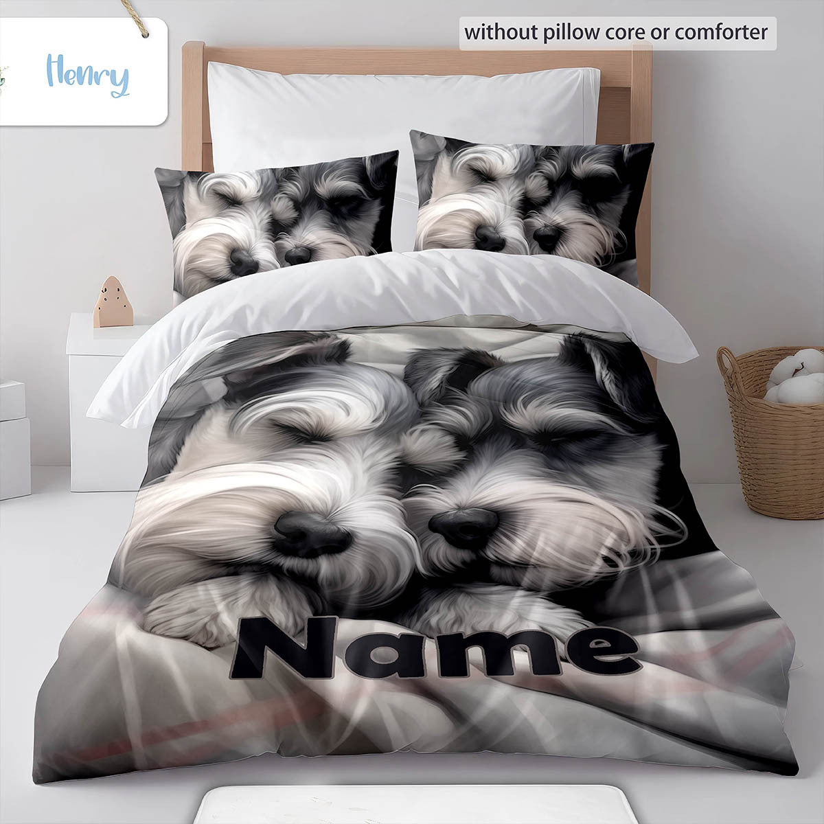 This three-piece set features two adorable Schnauzer themed quilt covers in a retro style. The bedding set is machine washable and has a zipper opening, making it suitable for all seasons. The high-definition set includes 1 large quilt cover and 2