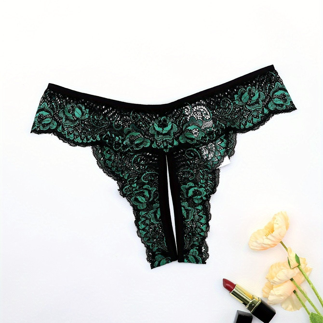 Multi-colored lace crotchless underwear for women with sexy contrast splicing.