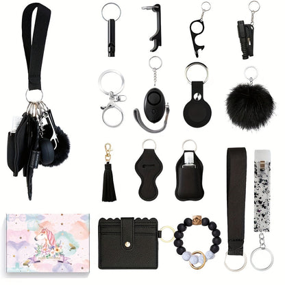 The Women's Stylish Safety Keychain Set includes 17 pieces, featuring a personal alarm key chain, PU leather card bag, and various keychain accessories. This set is a perfect holiday gift for women.