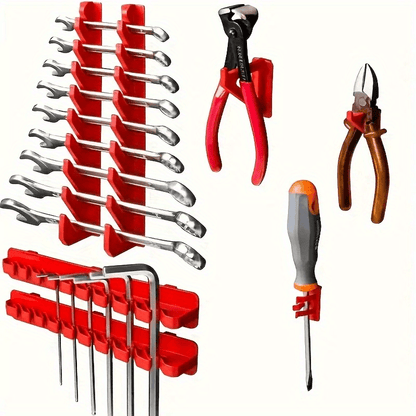 49 piece DIY carpentry and car repair tool set with organized wall-mounted storage system. Includes socket, screwdriver, and wrench for screws, nuts, bolts, nails, beads, and small hardware