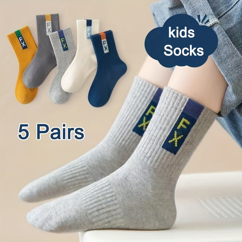 5 Boys' Solid Color Crew Socks - Comfortable for All Seasons, Youth, Knee-high