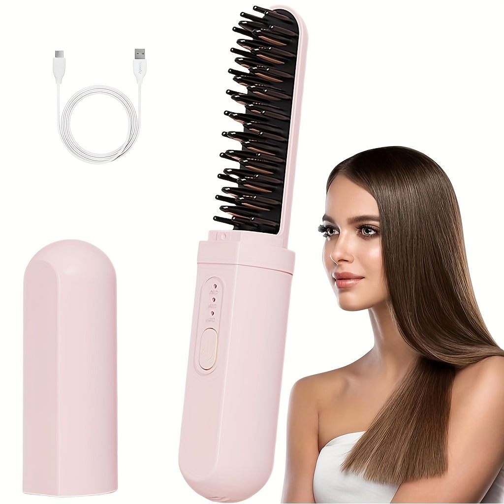 Portable wireless hair straightening brush with USB rechargeable lithium battery, anti-scald technology, wet/dry use, and negative ion feature - perfect for home, travel, and outdoor use.