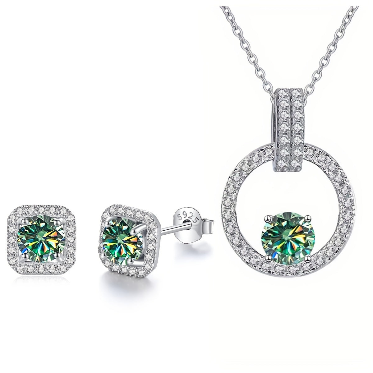 1 set of Moissanite jewelry including a necklace with a 1 carat stone and 2 earrings with 0.5 carat stones. Made of 925 sterling silver and available in multiple colors. Perfect for weddings, comes with a certificate and gift box.