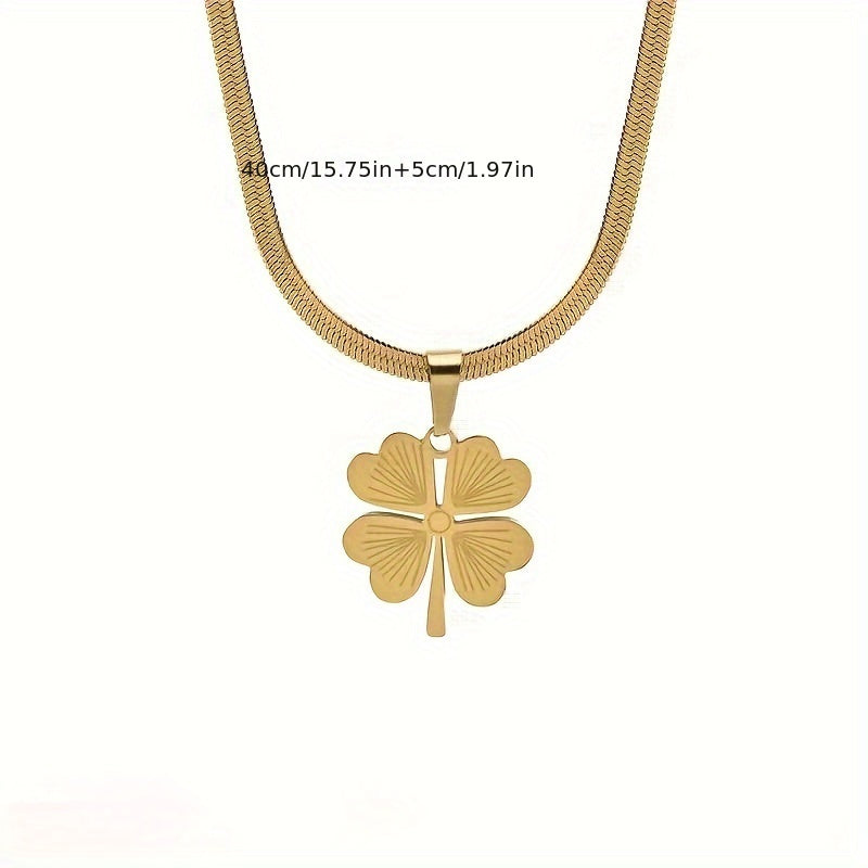 Classic Four-Leaf Clover Jewelry Set, Made with 18K Gold Plated Stainless Steel - Set of 4 Pieces: 1 Necklace, 1 Bracelet, and 2 Earrings Perfect for Everyday Wear - Simple Design with No Gemstone Inlay