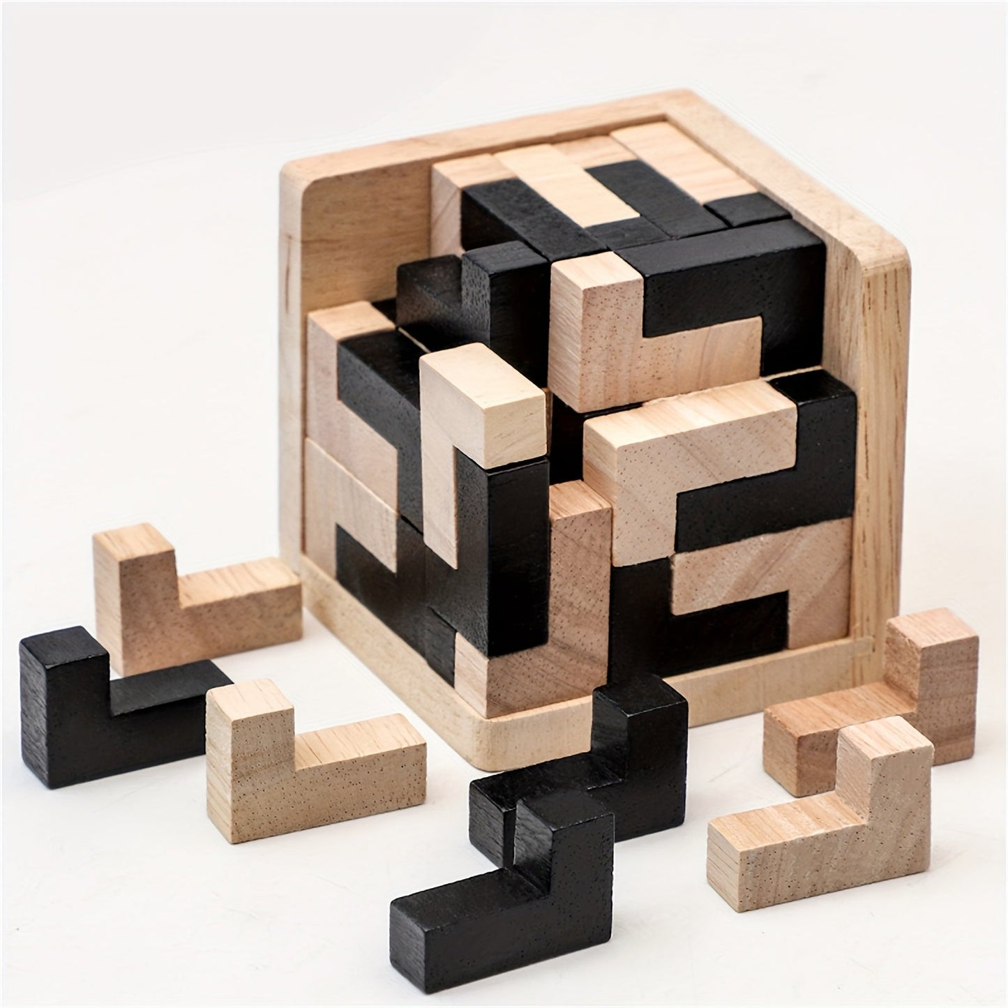 Wooden Brain Teaser Puzzle Cube with 54 Pieces, Educational L-Shaped Jigsaw Logic Puzzle Toy made of Wood