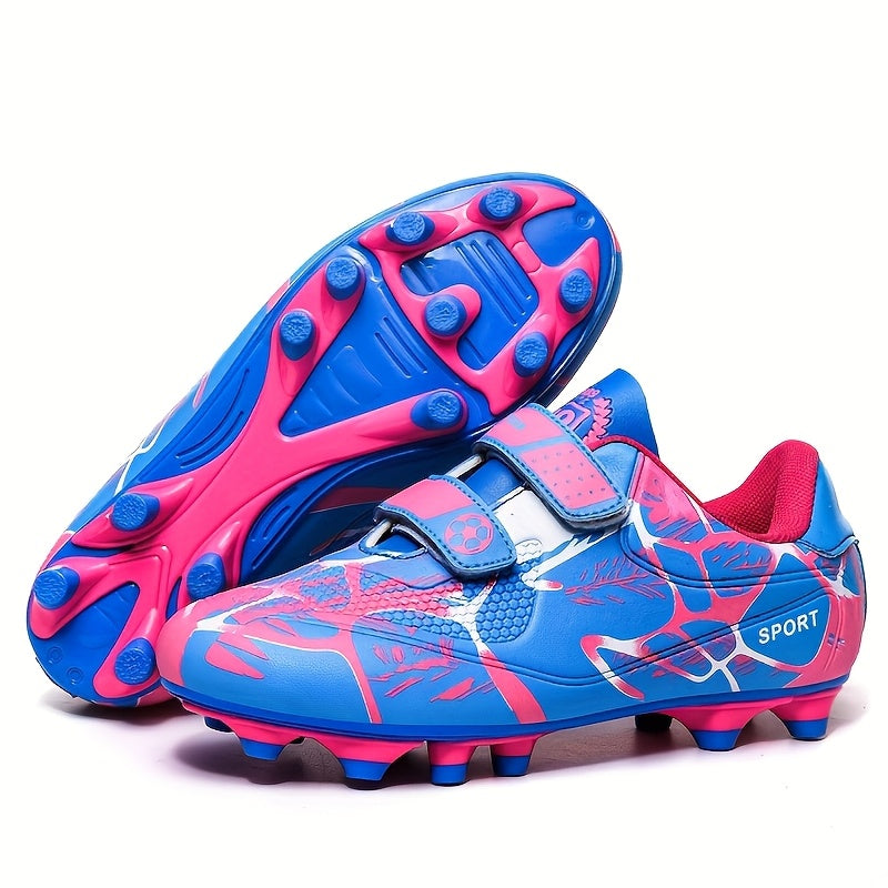 Boy's FG Football Boots with Hook & Loop Fastener, Outdoor Anti-skid Breathable Soccer Cleats