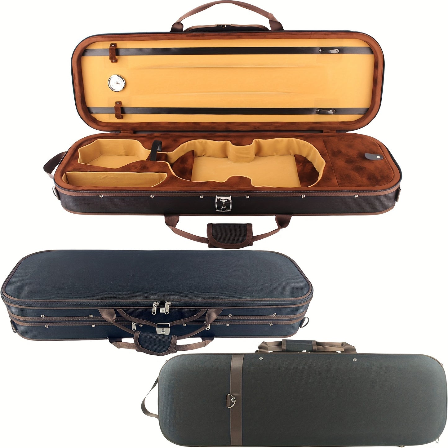 Square violin case with hygrometer and foam padding, black and gold.