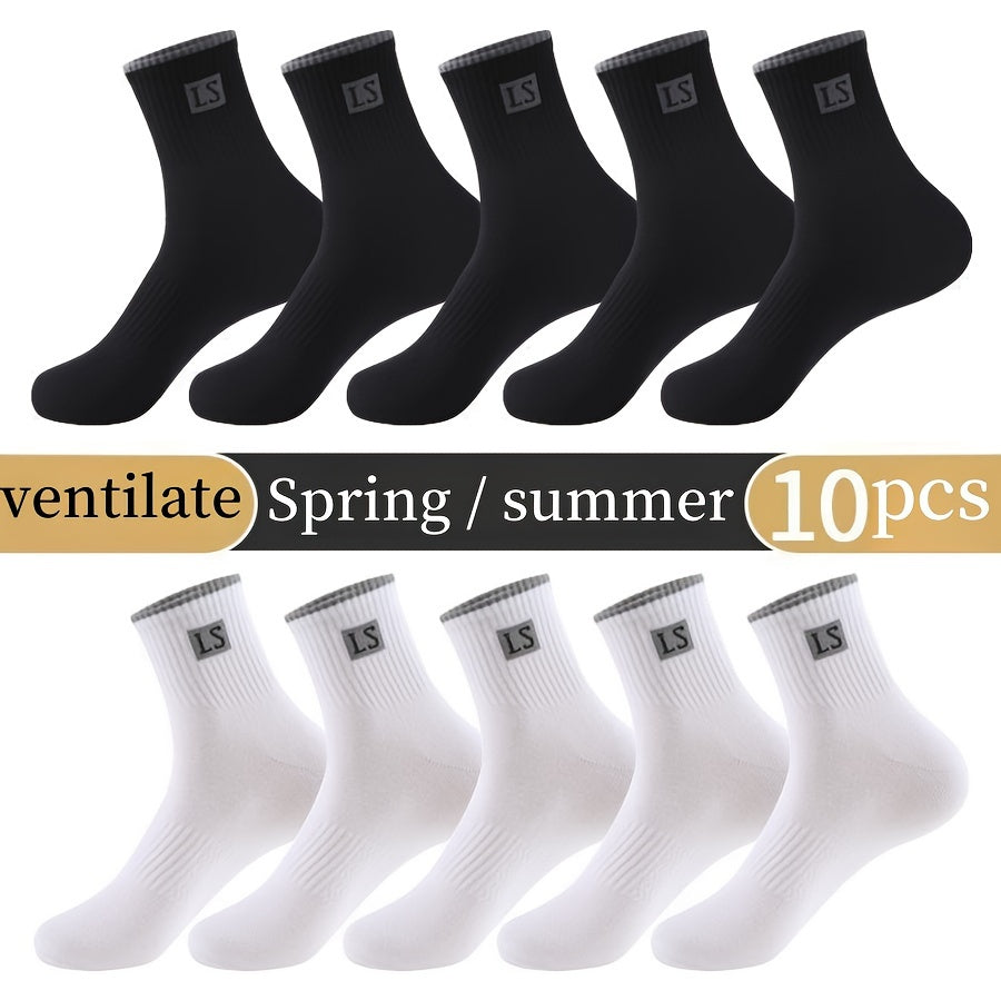 5 pairs of men's trendy solid crew socks, breathable and comfy for outdoor and all-season wear.