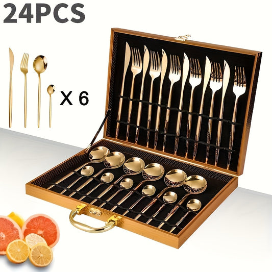 16-piece gold stainless steel cutlery set, ideal for weddings and special occasions, includes 6 steak knives, forks, and spoons. Durable tableware for home.