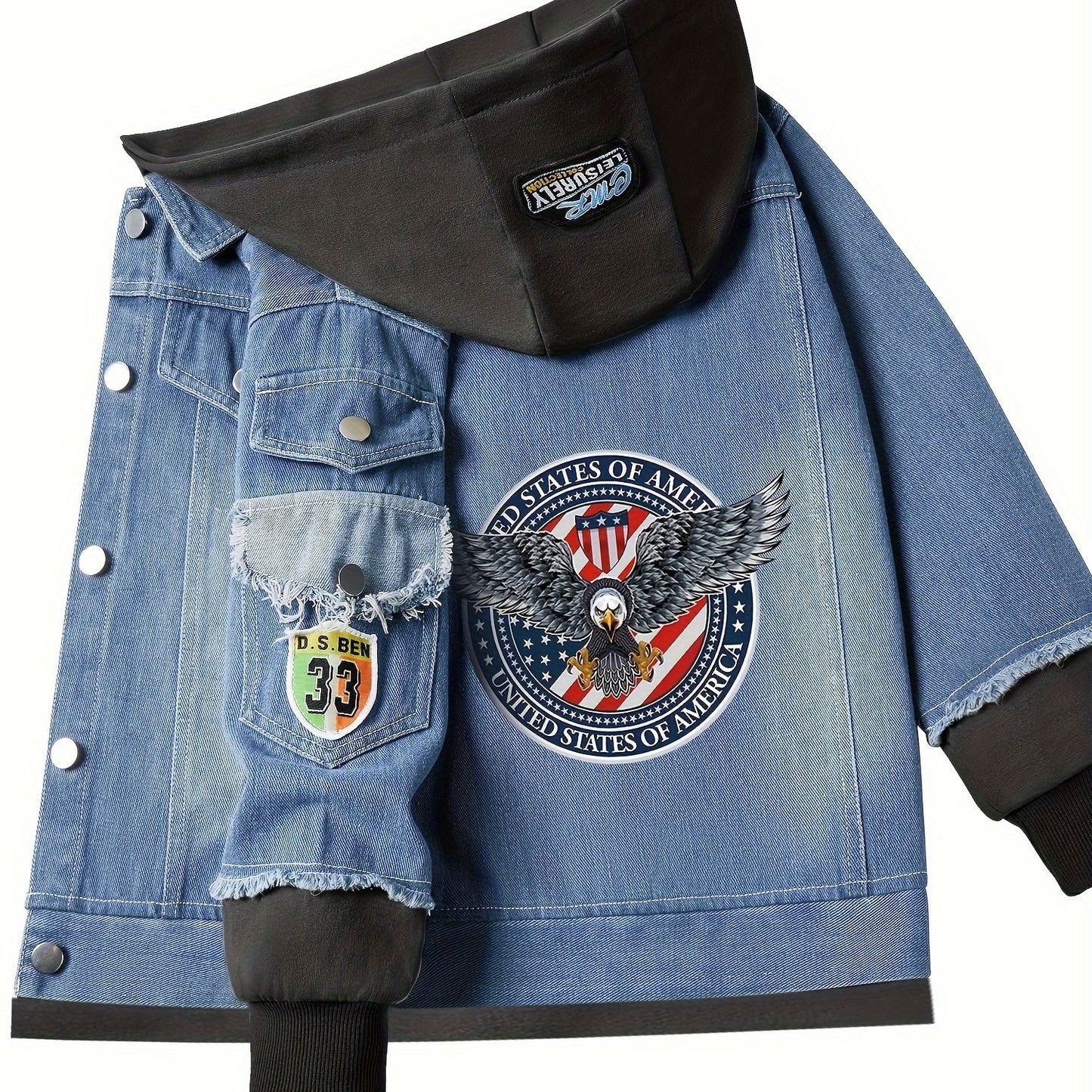 Hooded denim jacket featuring a cartoon eagle anime design, perfect for truck driver cosplay.