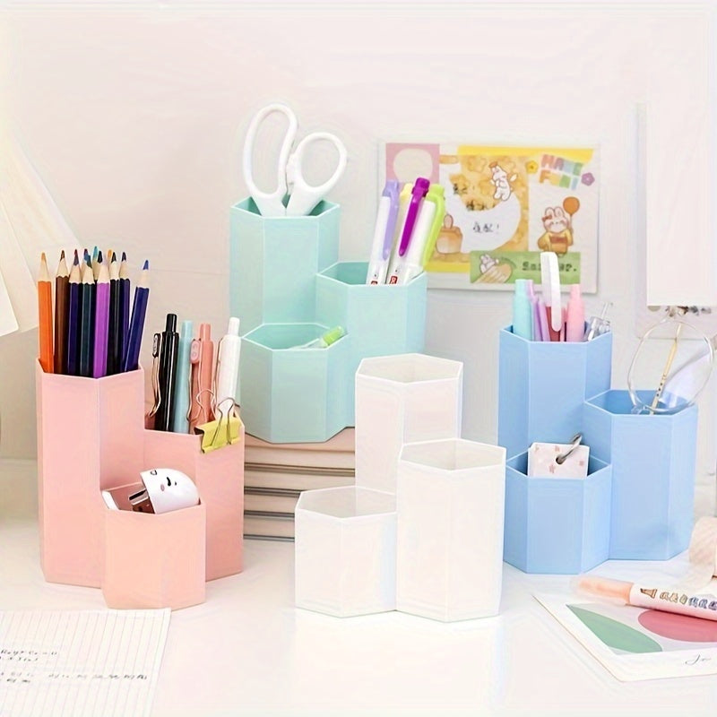 Portable 3-in-1 plastic pencil holder with adjustable dividers for office supplies storage, colorful candy design