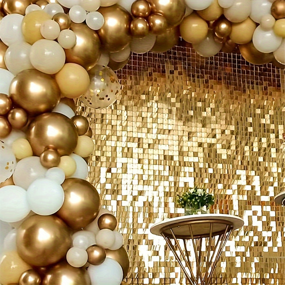 Golden sequin rain curtain for parties, no power required, ideal for birthdays and weddings.