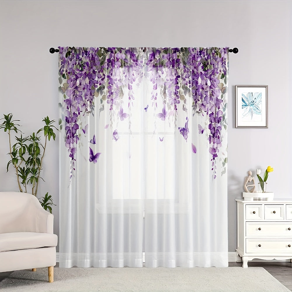 Set of 2 Beautiful Wisteria Floral Print Sheer Curtains - High Definition Digital Design, Luxurious Polyester Microfiber Material, Convenient Rod Pocket Style for Living Room & Bedroom, Simple to Hang and Machine Washable