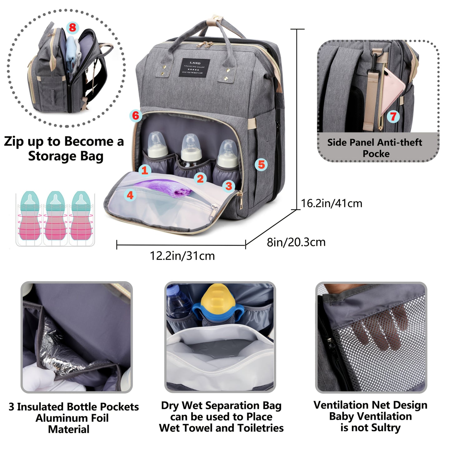 A versatile diaper backpack featuring a built-in changing station and plenty of storage pockets. Made from soft polyester material, this portable travel baby bag organizer is a must-have for any new parent. With its large capacity and utility pockets