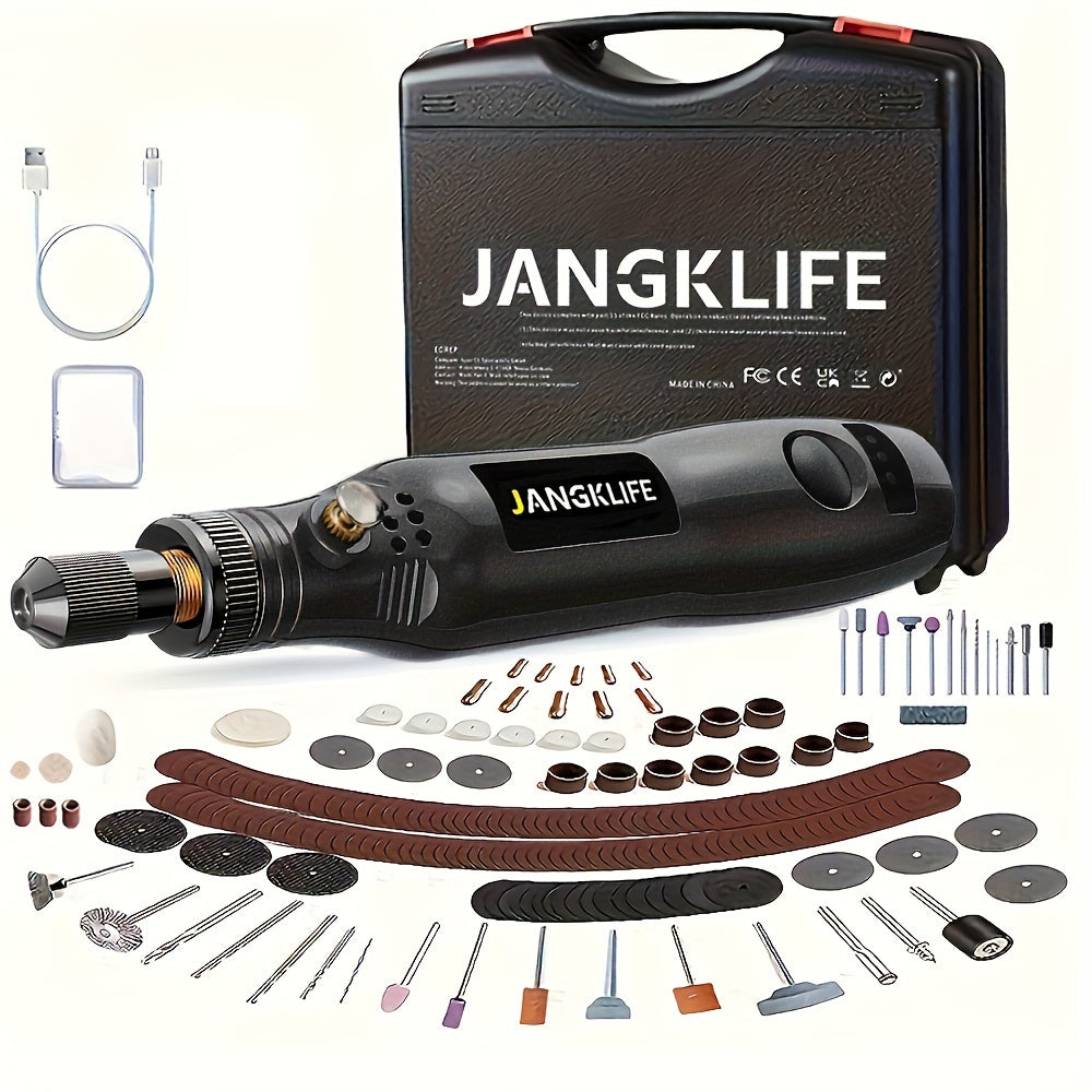 Compact rotary tool set with case includes attachments, flexible shaft, and three-speed rotary tool for crafting and DIY projects.