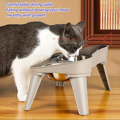 Neck-friendly elevated pet feeder with two stainless steel bowls, detachable design for easy cleaning, ideal for dogs and cats.