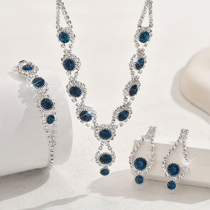 Chic Jewelry Set Featuring Silver Plated Copper and Stunning Blue & Black Rhinestones, Includes Necklace, Earrings, and Bracelet - Perfect for Parties, Weddings, and Any Season - Great Thanksgiving Gift Idea