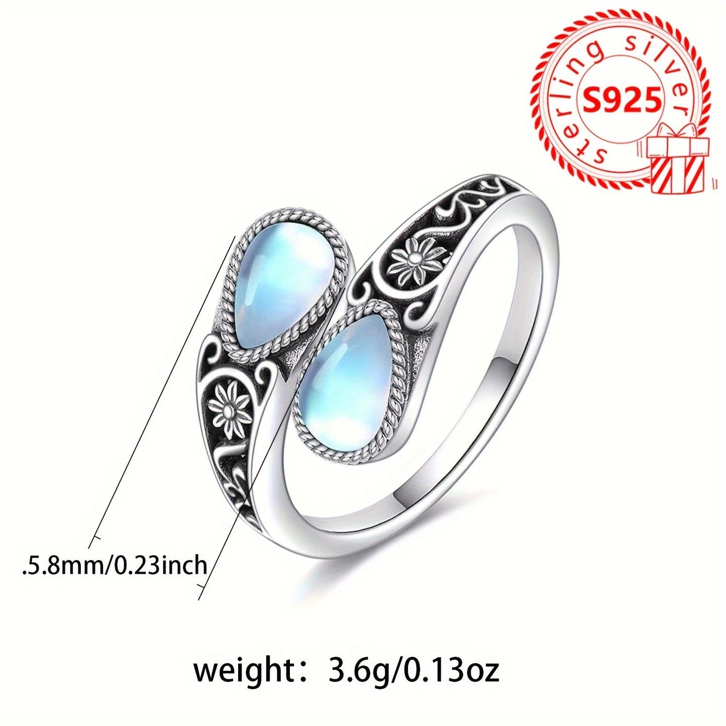 This ring features a moonstone set in an S925 pure silver spoon-shaped setting, weighing 3.6g and free of nickel. It has a hypoallergenic, vintage-inspired design with a Victoria retro style and is adjustable to fit the thumb. Perfect for a bohemian