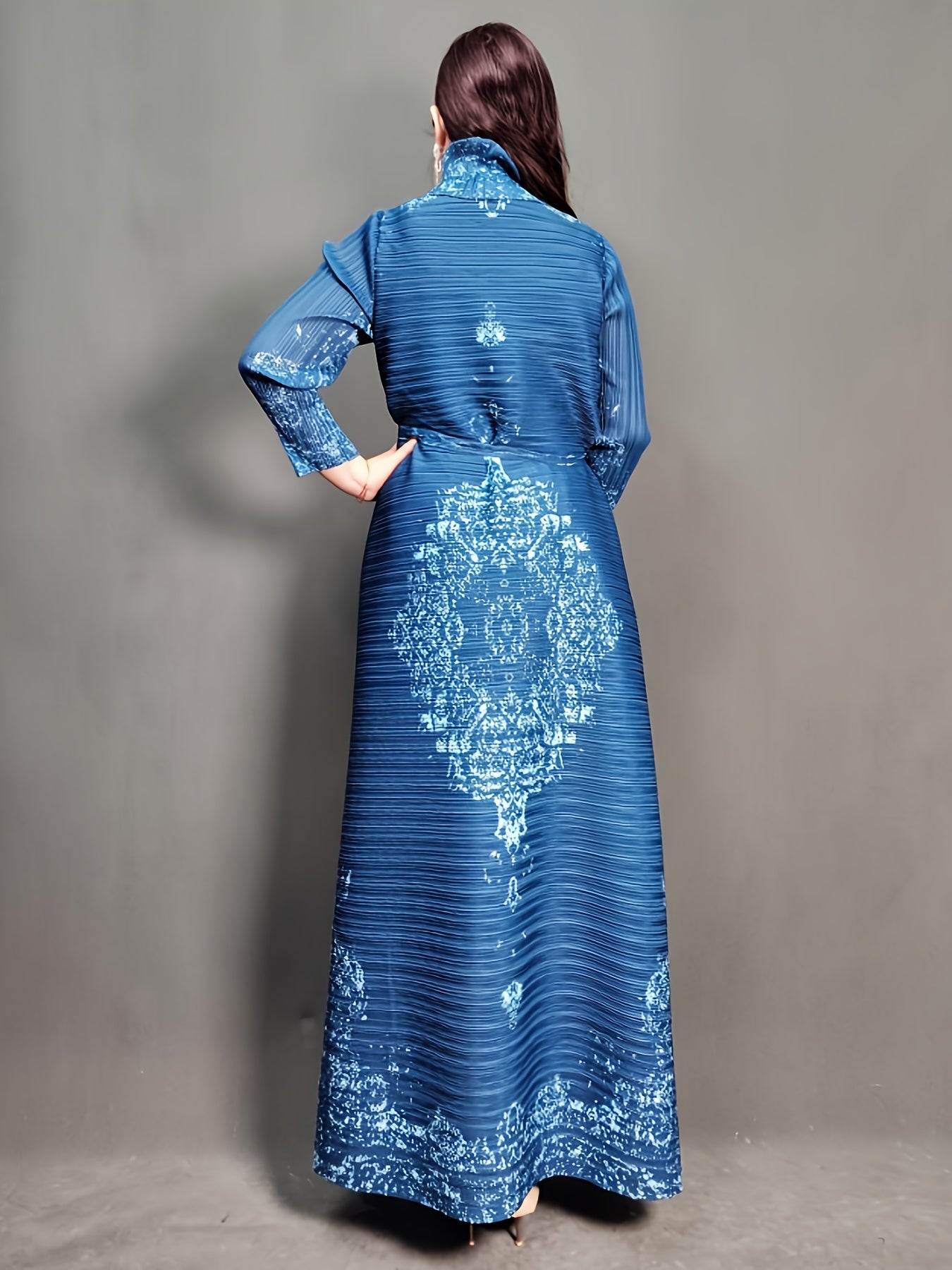 Stylish Blue & Black Floral Print Maxi Kaftan Dress - High stretch, pleated craftsmanship, long sleeve with tie waist for women, ideal for Ramadan & all seasons