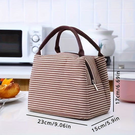 One piece of a striped insulated lunch bag made of durable Oxford cloth, features a thermal lunch box tote with zipper closure. Hand washable and leak-proof, this rectangular container is perfect for school and office use.