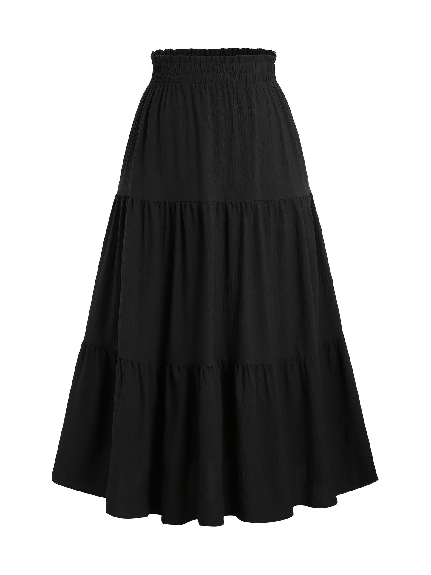 Stylish black midi skirt with ruffle detail, elastic waist, and versatile design. Made from a polyester blend, machine washable and perfect for spring/summer fashion.