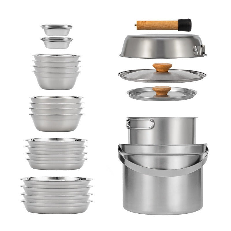 Stainless Steel Camping Cookware Set with 22 Pieces - High-Quality 304 Stainless Steel Outdoor Kitchen Utensils featuring Foldable Handles. Complete with Bowls, Plates, Skillet, Fry Pan and More. Ideal for Picnics, Road Trips, Camping and Home Use.