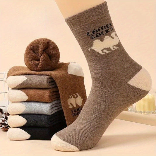 Men's 5-pack winter animal design socks with camel pattern, thick knit polyester material, warm plush terry loop, hand wash only, one size fits all.