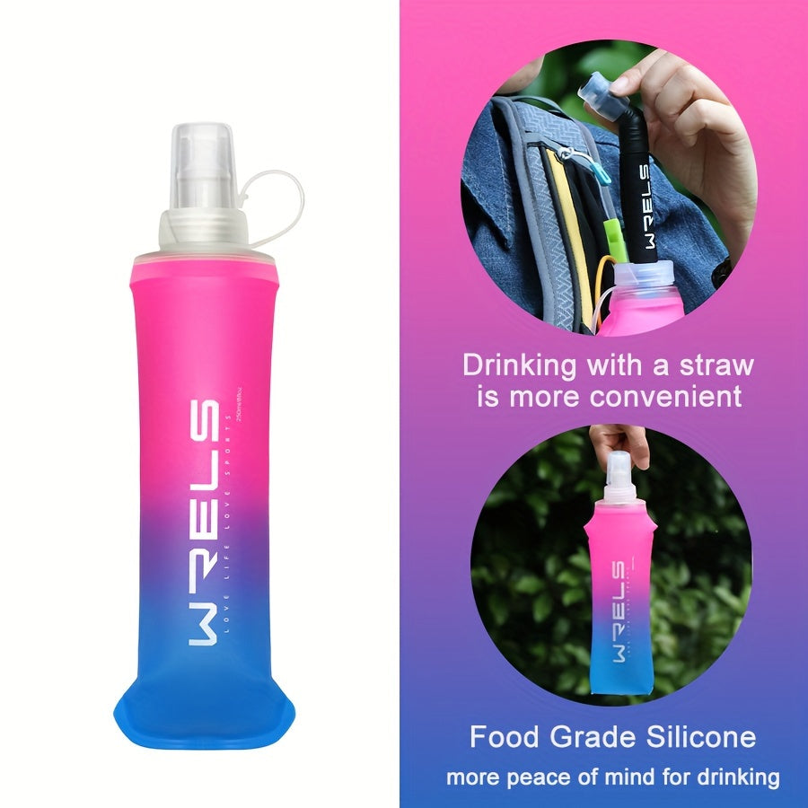 WRELS 2pcs collapsible silicone water bottles in sizes 8.5oz & 17oz, BPA-free for running, hiking, and cycling.