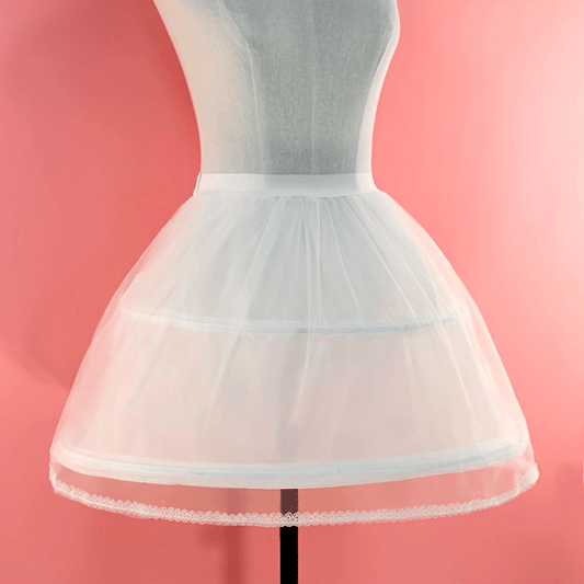 Beautiful tulle petticoat featuring a flexible steel frame, polyester fiber material, intricate floral lace trim, two-tier hoop skirt for added volume, and fishbone support - perfect for weddings and special events.