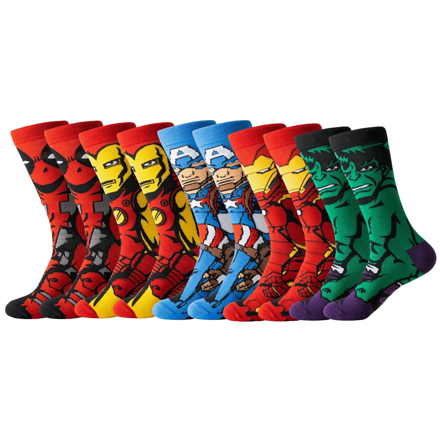 5/10/20 pairs of men's cartoon crew socks made of 97.8% Polyester and 2.2% Spandex. Breathable knit fabric with casual street style, suitable for all seasons outdoor wear. Hand washable.