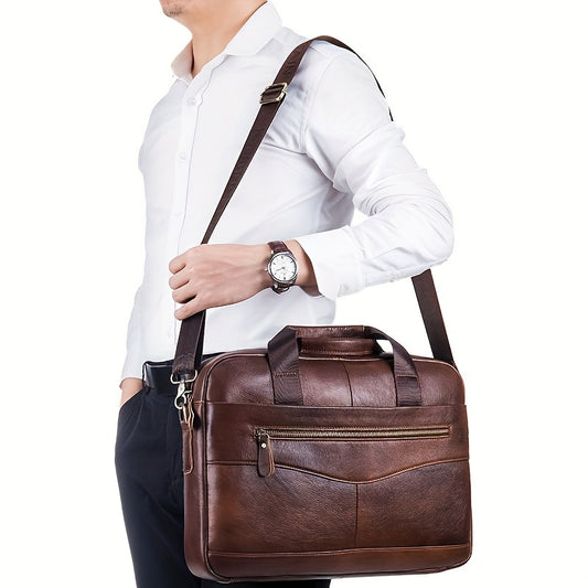 Large capacity laptop messenger bag made with genuine brown top grain cowhide leather for work and travel.