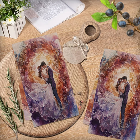 Two pieces of Romantic Sunrise Kitchen Towels made of ultra soft and highly absorbent polyester. Each towel measures 40.64x60.96 cm and features a vibrant design of a couple embracing. Perfect for holiday decor and daily use, these towels are machine