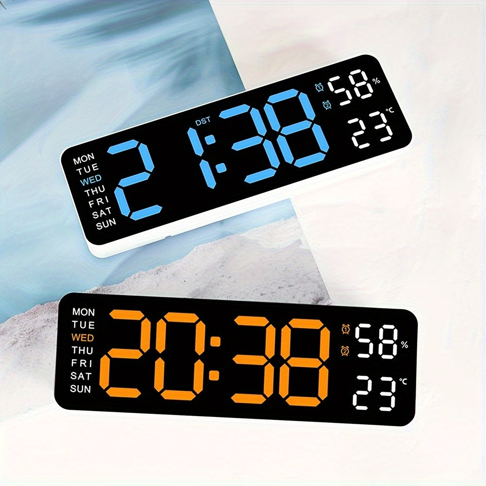 Digital wall clock with temperature and humidity display, week display, adjustable brightness, table alarm clock, and 12/24 hour format.