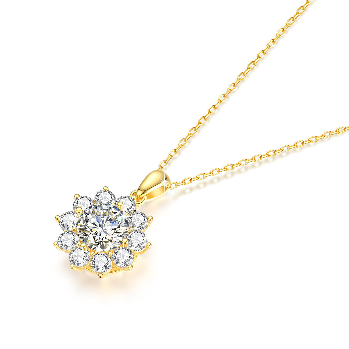 Ethical 18K Golden Plated Moissanite Flower Pendant Necklace, made with S925 Silver, perfect for a stylish vacation look. Great for fancy events, music festivals, or as a gift for Christmas, birthdays, or anniversaries - suitable for all seasons.