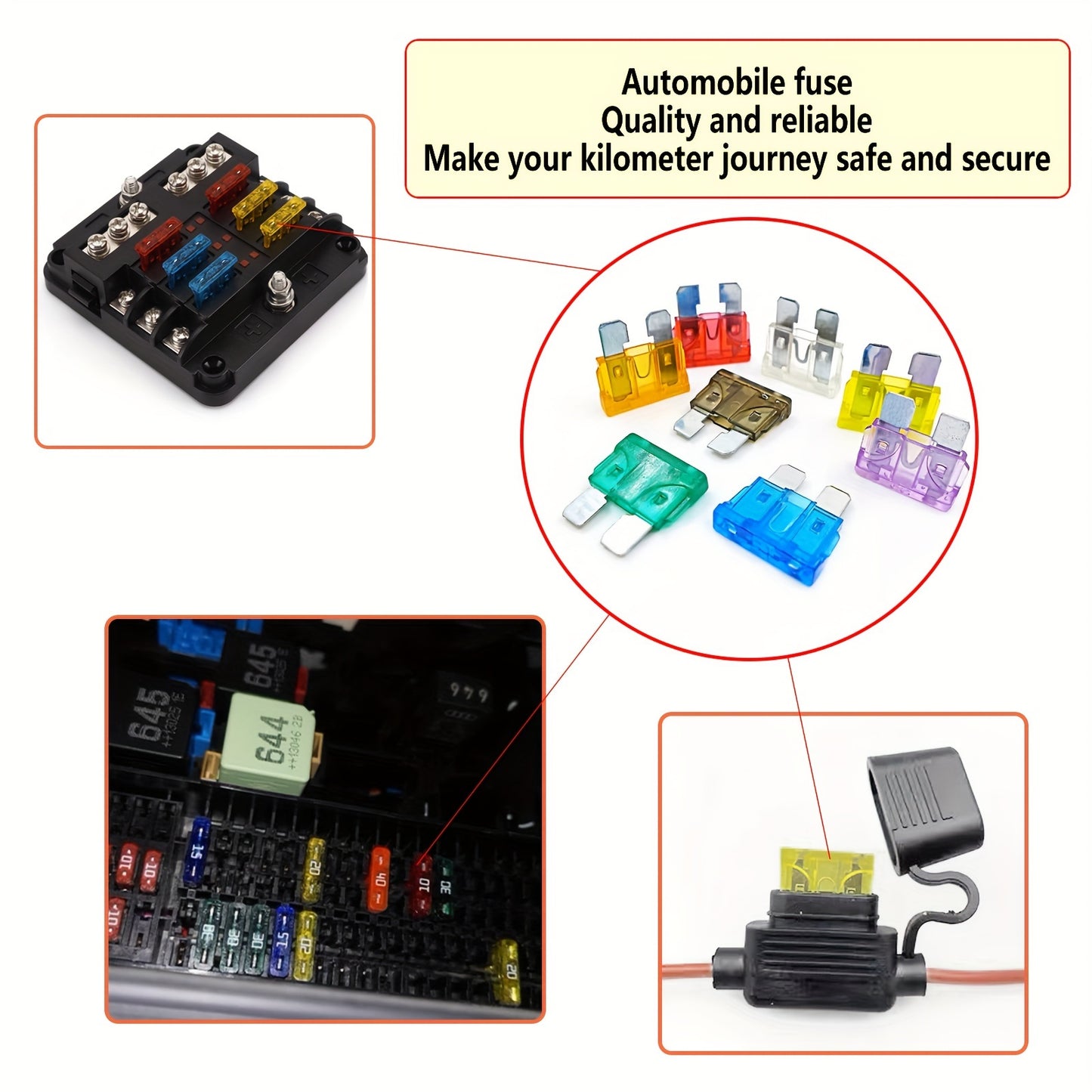 Car blade fuse assortment kit with multiple specifications ranging from 2A to 40A, suitable for various vehicles. Includes a box for storage.