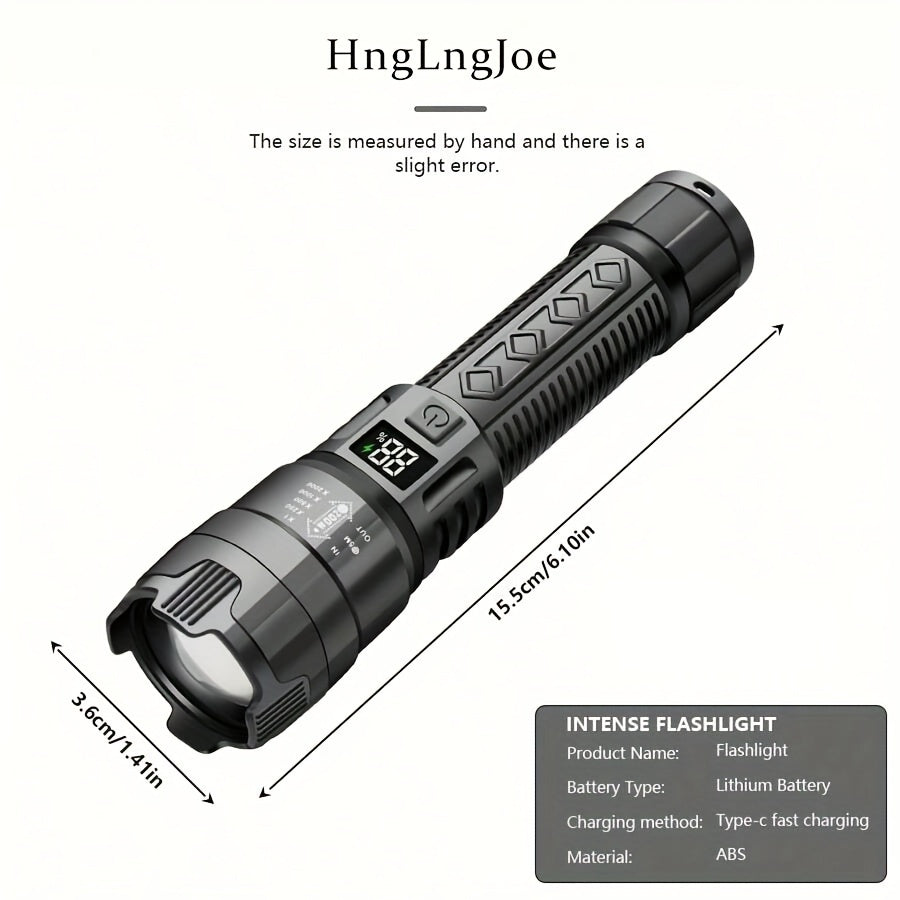 800mAh rechargeable P50 LED flashlight with zoom, USB charging, and polished metal finish - ideal for night activities like walks, fishing, and camping.