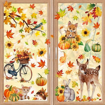 68 large fall decorations including cute animals, pumpkins, and maple leaves in a set of 9 Autumn Harvest window clings. Easy to apply and remove, making them perfect for decorating Thanksgiving home and party display windows.