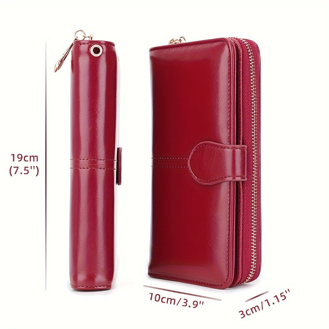 Red synthetic leather wallet with wrist strap, large capacity for cards, zipper closure, polyester lining - ideal for everyday use, contemporary and durable.