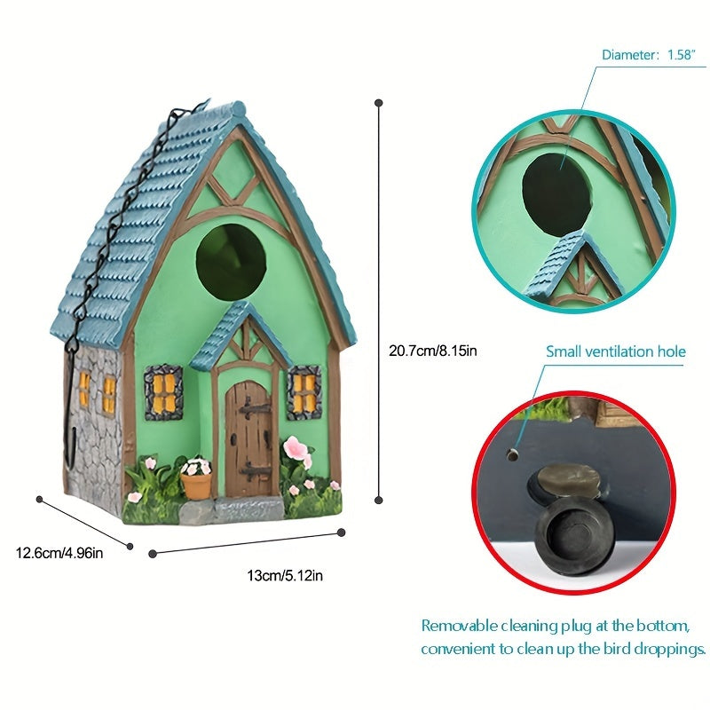 Wooden birdhouse with LED lights, ABS resin crafted, outdoor garden decor, winter nest for birds, hanging ornament.